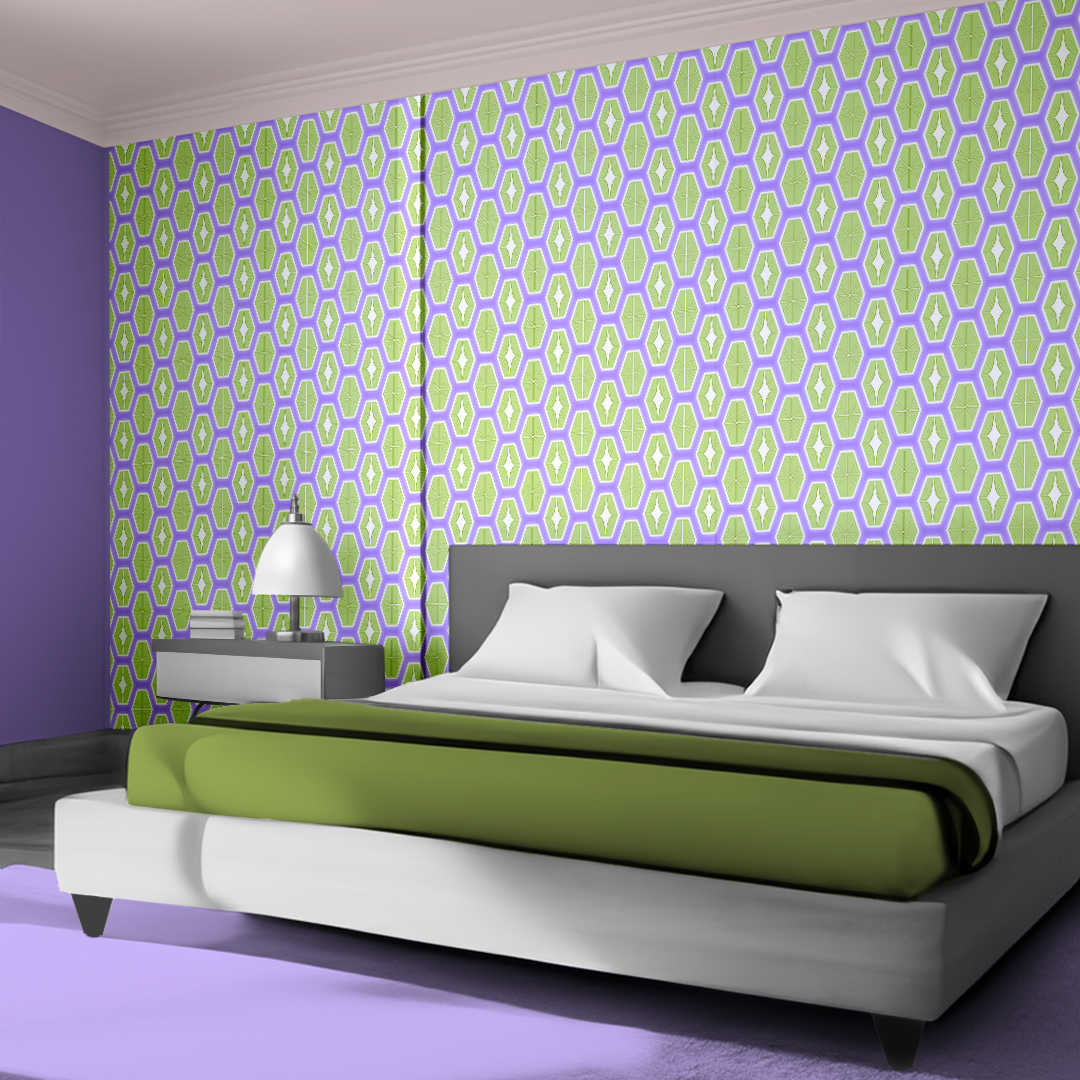 The artwork consists of a red square background with a repeating pattern of starburst shapes created by intersecting elongated lines. These lines are light-colored, contrasting sharply against the red background. The lines form multiple four-pointed stars with varying lengths and thicknesses, radiating outward in a geometric arrangement. The composition presents a clean, mid-century modern aesthetic, emphasizing simplicity and bold contrasts.